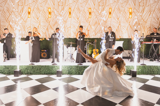 Palm Beach Wedding Under Towering Gold Metallic Palms